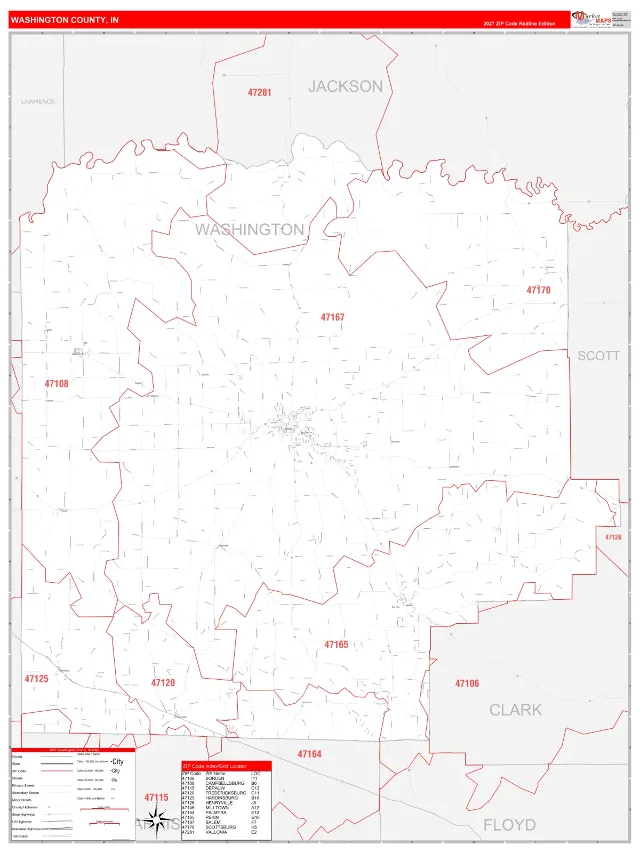 Washington County, IN ZIP Code Wall Map, RedLine style