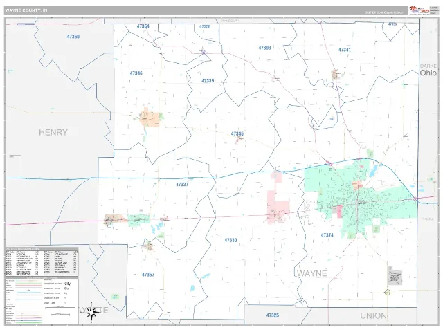 Wayne County, IN ZIP Code Wall Map, Classic style