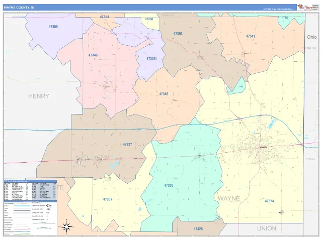 Wayne County, IN ZIP Code Wall Map, ColorCast style