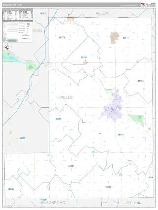 Wells County, IN Classic style ZIP Code wall map