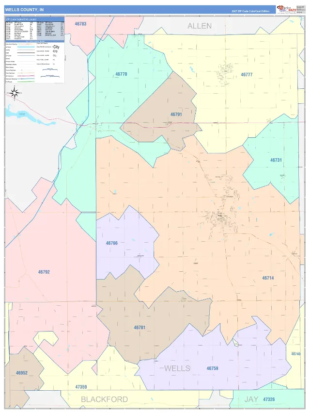 Wells County, IN ZIP Code Wall Map, ColorCast style