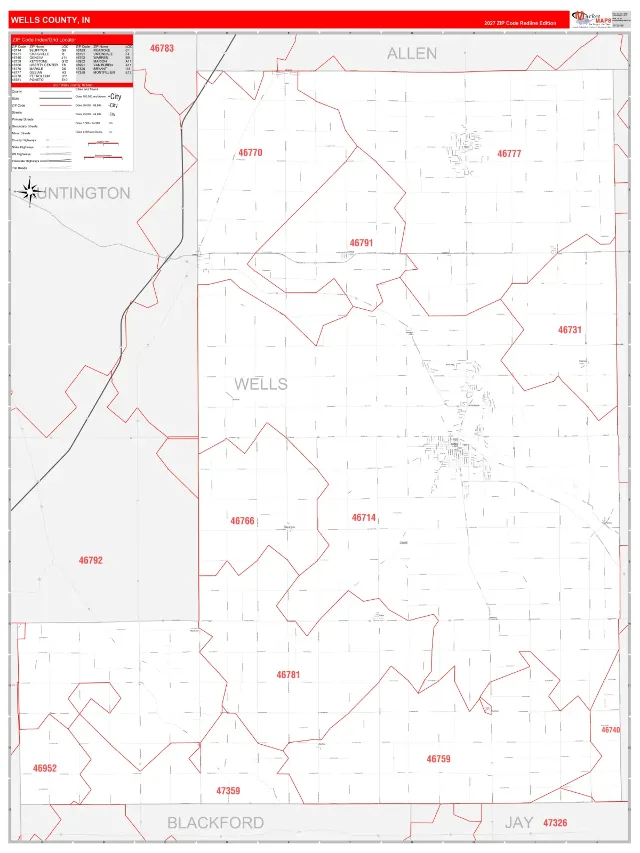 Wells County, IN ZIP Code Wall Map, RedLine style