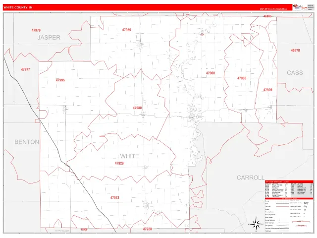White County, IN ZIP Code Wall Map, RedLine style