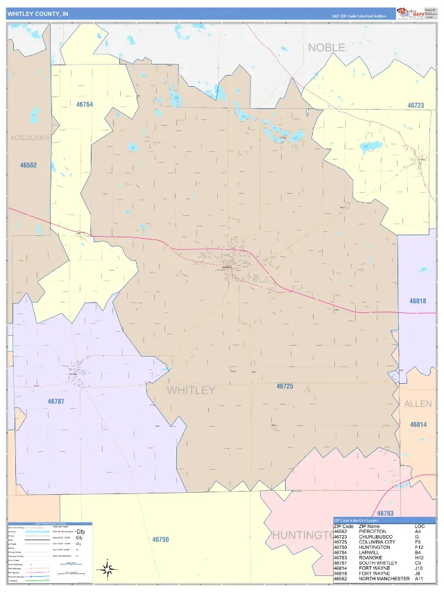 Whitley County, IN ZIP Code Wall Map, ColorCast style