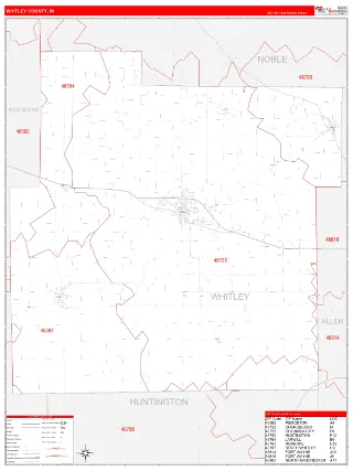 Whitley County, IN RedLine style ZIP Code wall map