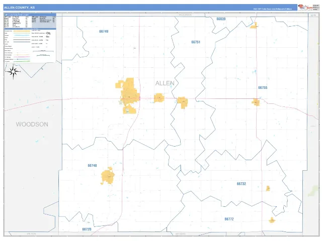 Allen County, KS ZIP Code Wall Map, Business Reference style