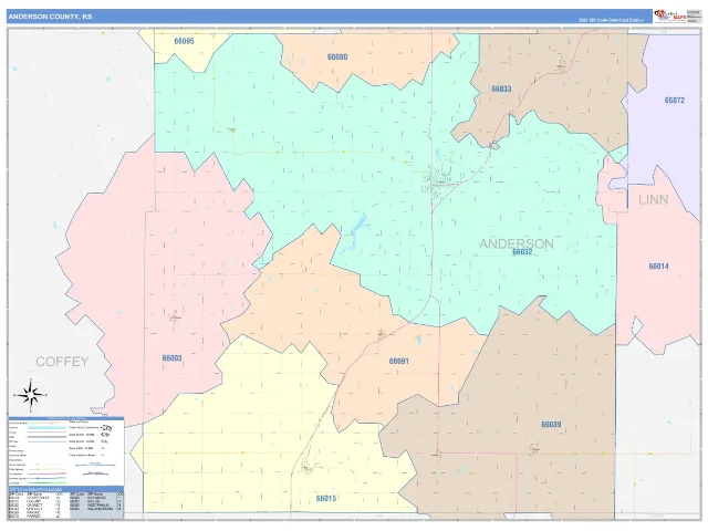 Anderson County, KS ZIP Code Wall Map, ColorCast style