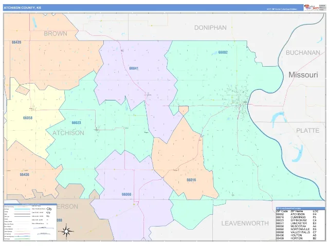 Atchison County, KS ZIP Code Wall Map, ColorCast style