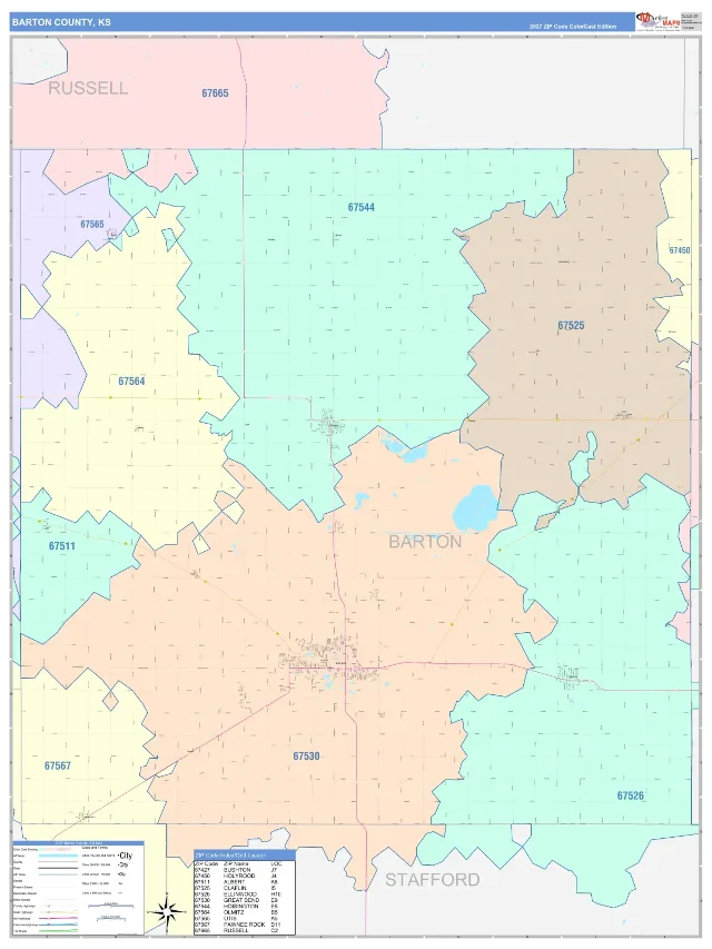 Barton County, KS ZIP Code Wall Map, ColorCast style