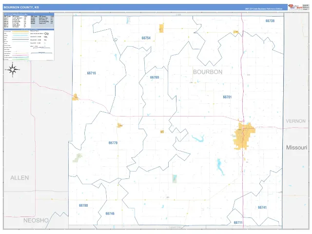 Bourbon County, KS ZIP Code Wall Map, Business Reference style
