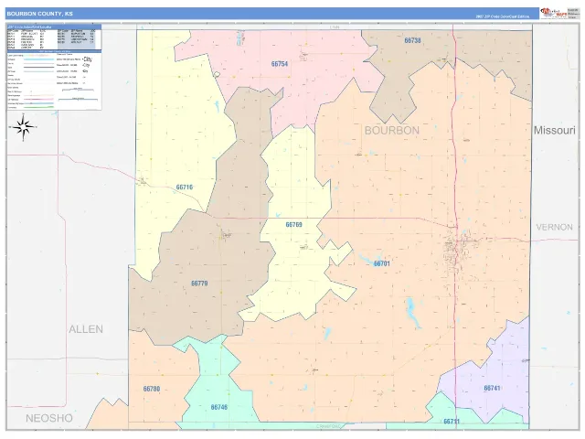 Bourbon County, KS ZIP Code Wall Map, ColorCast style