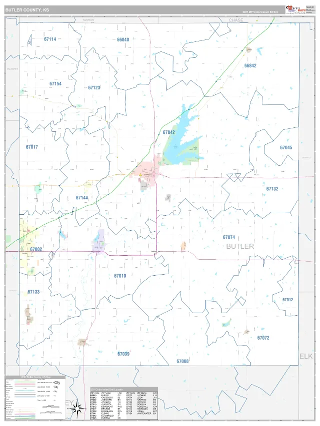 Butler County, KS ZIP Code Wall Map, Classic style