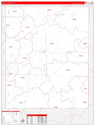 Butler County, KS RedLine style ZIP Code wall map