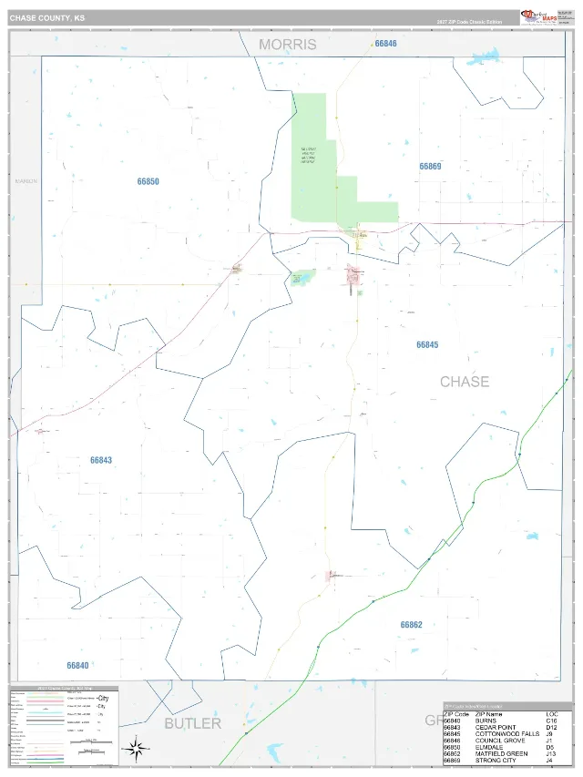 Chase County, KS ZIP Code Wall Map, Classic style