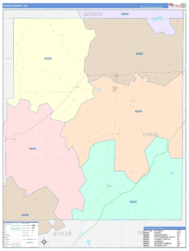 Chase County, KS ZIP Code Wall Map, ColorCast style