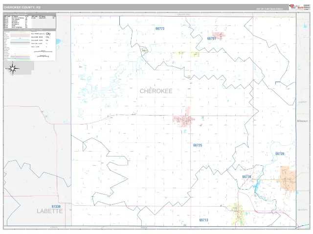 Cherokee County, KS ZIP Code Wall Map, Classic style