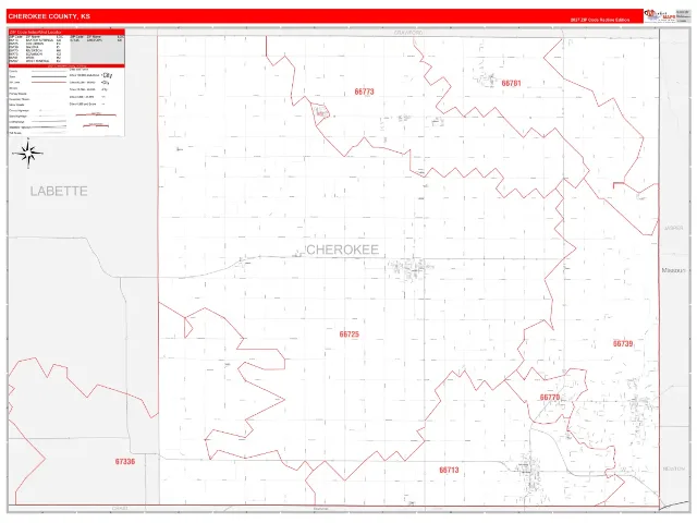 Cherokee County, KS ZIP Code Wall Map, RedLine style