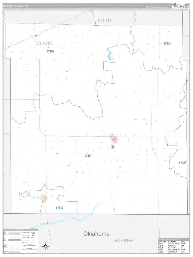 Clark County, KS ZIP Code Wall Map, Classic style