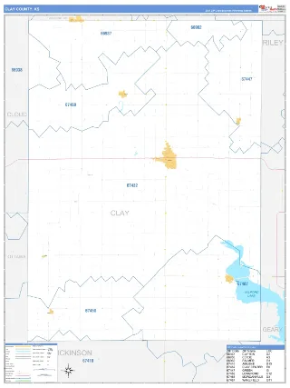 Clay County, KS Business Reference style ZIP Code wall map
