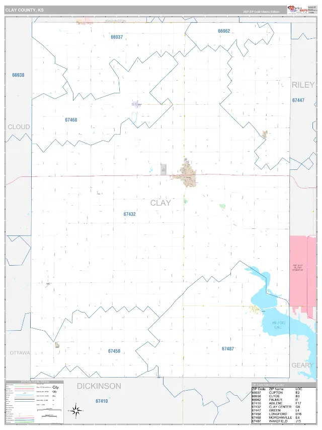 Clay County, KS ZIP Code Wall Map, Classic style