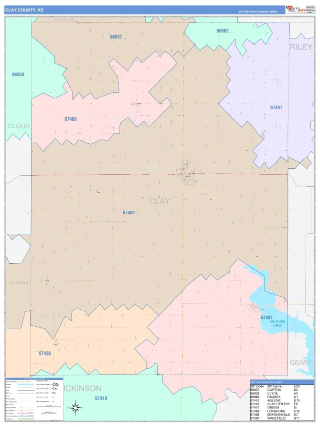 Clay County, KS ZIP Code Wall Map, ColorCast style