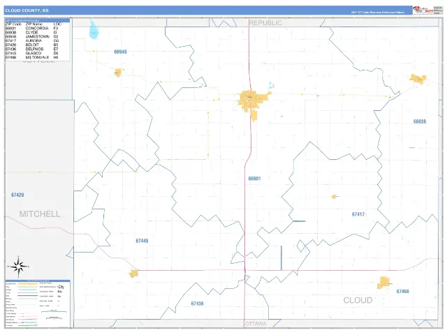 Cloud County, KS ZIP Code Wall Map, Business Reference style