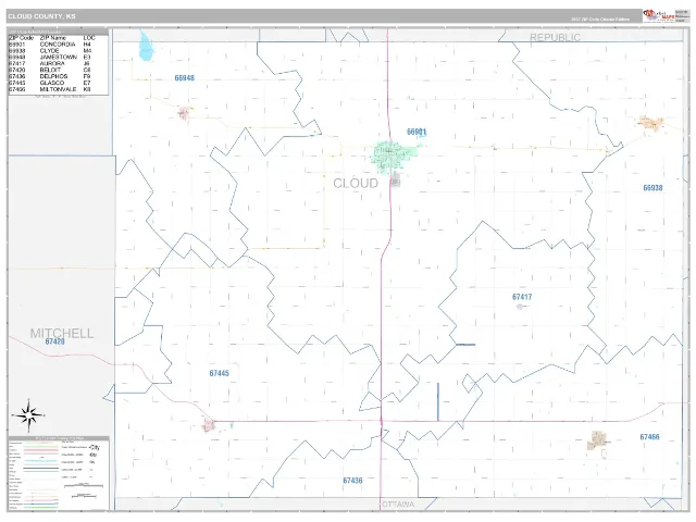 Cloud County, KS ZIP Code Wall Map, Classic style