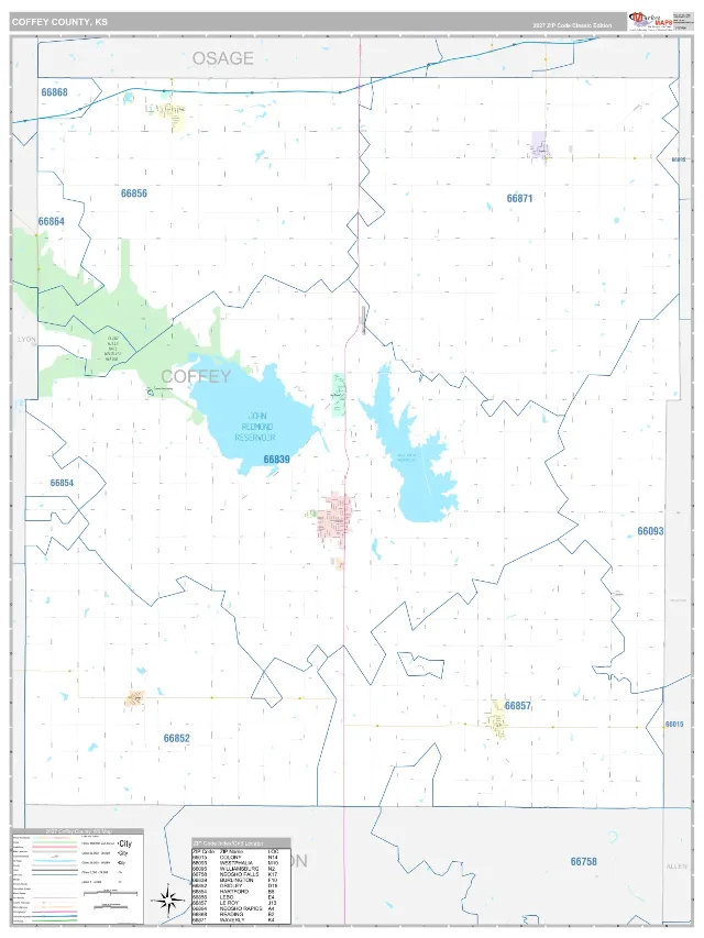 Coffey County, KS ZIP Code Wall Map, Classic style