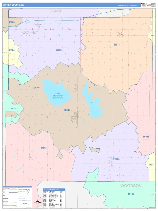 Coffey County, KS ZIP Code Wall Map, ColorCast style
