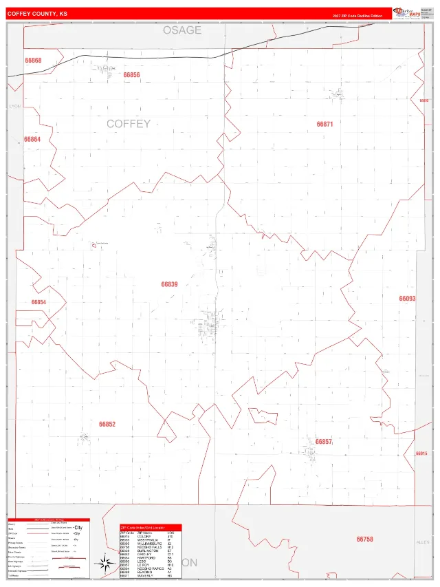 Coffey County, KS ZIP Code Wall Map, RedLine style