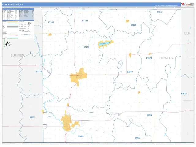 Cowley County, KS ZIP Code Wall Map, Business Reference style