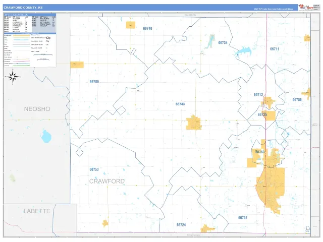 Crawford County, KS ZIP Code Wall Map, Business Reference style
