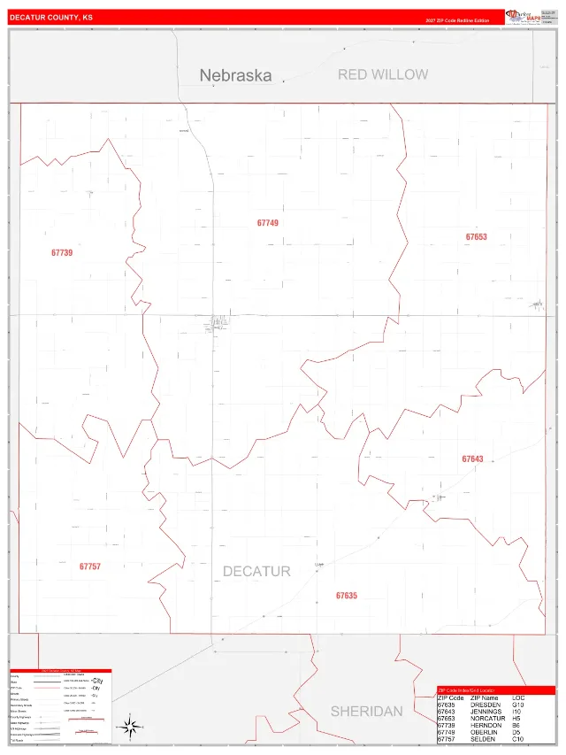 Decatur County, KS ZIP Code Wall Map, RedLine style