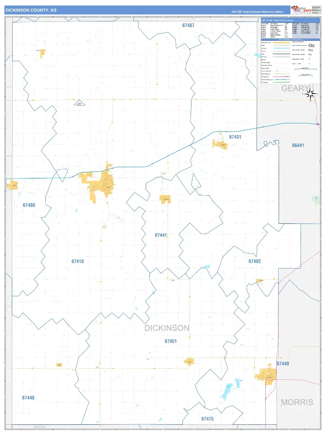 Dickinson County, KS ZIP Code Wall Map, Business Reference style