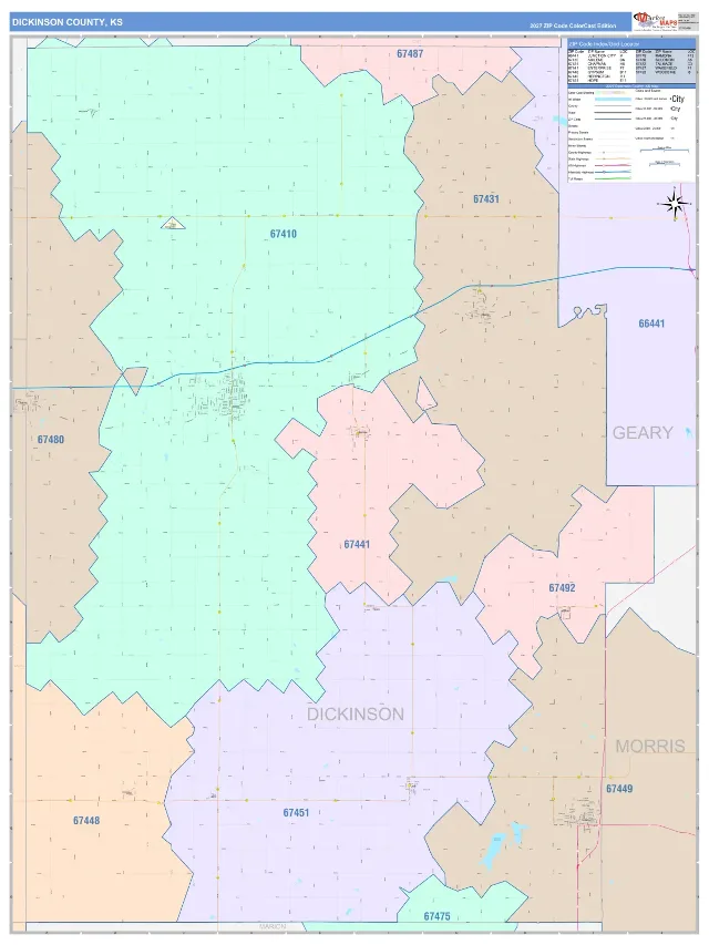 Dickinson County, KS ZIP Code Wall Map, ColorCast style