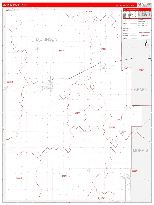 Dickinson County, KS ZIP Code Wall Map, RedLine style