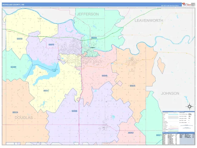 Douglas County, KS ZIP Code Wall Map, ColorCast style