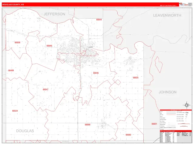 Douglas County, KS ZIP Code Wall Map, RedLine style