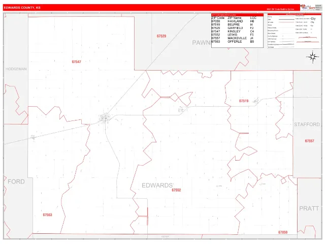Edwards County, KS ZIP Code Wall Map, RedLine style