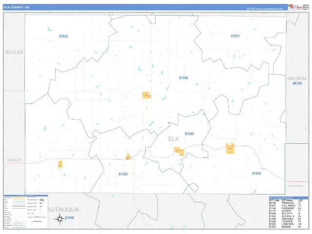 Elk County, KS ZIP Code Wall Map, Business Reference style
