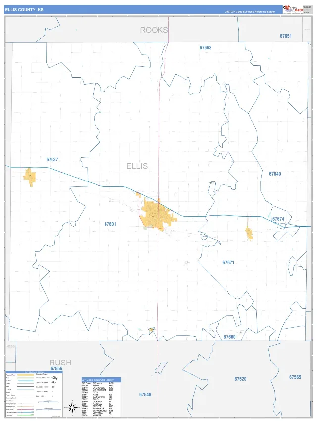 Ellis County, KS ZIP Code Wall Map, Business Reference style