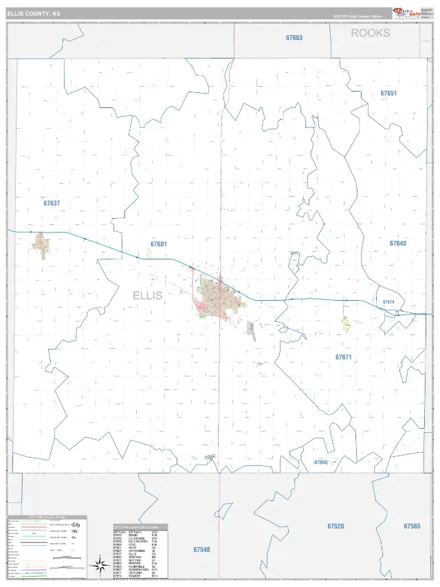 Ellis County, KS ZIP Code Wall Map, Classic style