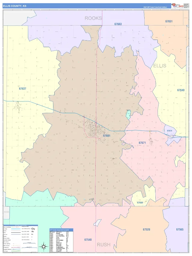 Ellis County, KS ZIP Code Wall Map, ColorCast style