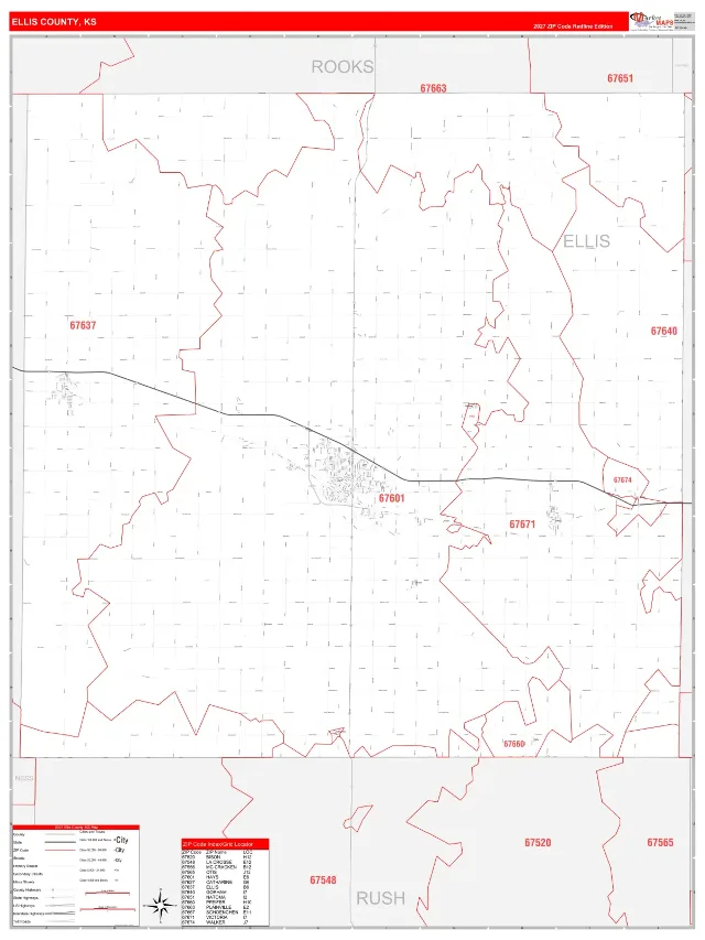 Ellis County, KS ZIP Code Wall Map, RedLine style