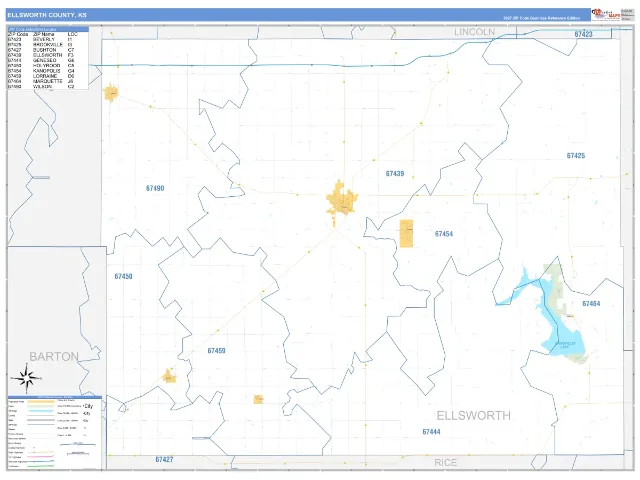 Ellsworth County, KS ZIP Code Wall Map, Business Reference style