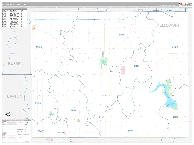 Ellsworth County, KS ZIP Code Wall Map, Classic style