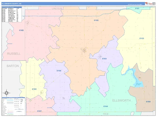 Ellsworth County, KS ZIP Code Wall Map, ColorCast style