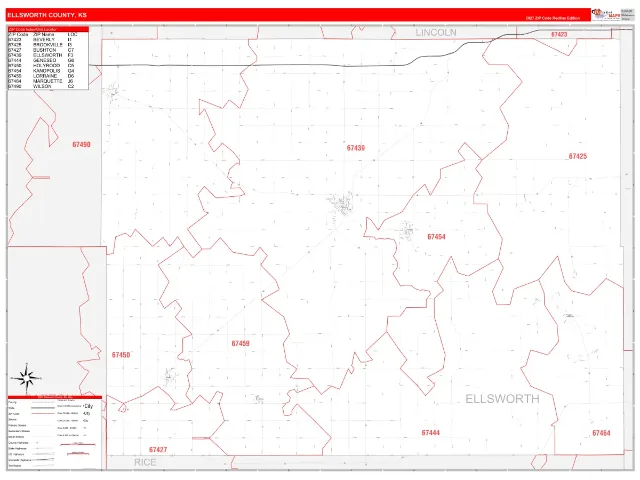 Ellsworth County, KS ZIP Code Wall Map, RedLine style