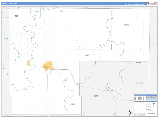 Finney County, KS ZIP Code Wall Map, Business Reference style