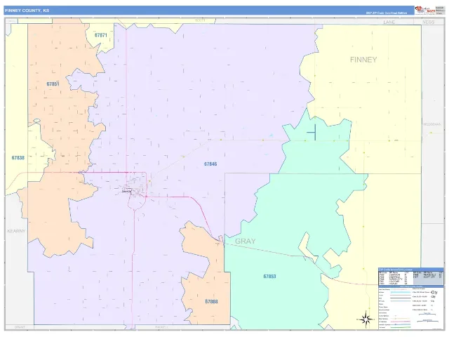 Finney County, KS ZIP Code Wall Map, ColorCast style